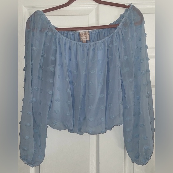 Audrey Parks + Francesca’s Blue Off-Shoulder Blouse - Picture 2 of 8